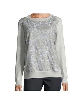 Lafayette 148 New York Light Gray Crochet-Front Crewneck Sweater